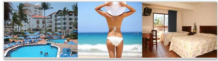 Picture of a hotel room bed, hotel swimming pool, and a model standing on a beach in Puerto Vallarta Mexico.  The pictures are arranged in a montage group of 3 pictures.